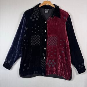 VTG Koos of Course! Burn Out Velvet Patchwork Button Up Shirt Retro Goth Large